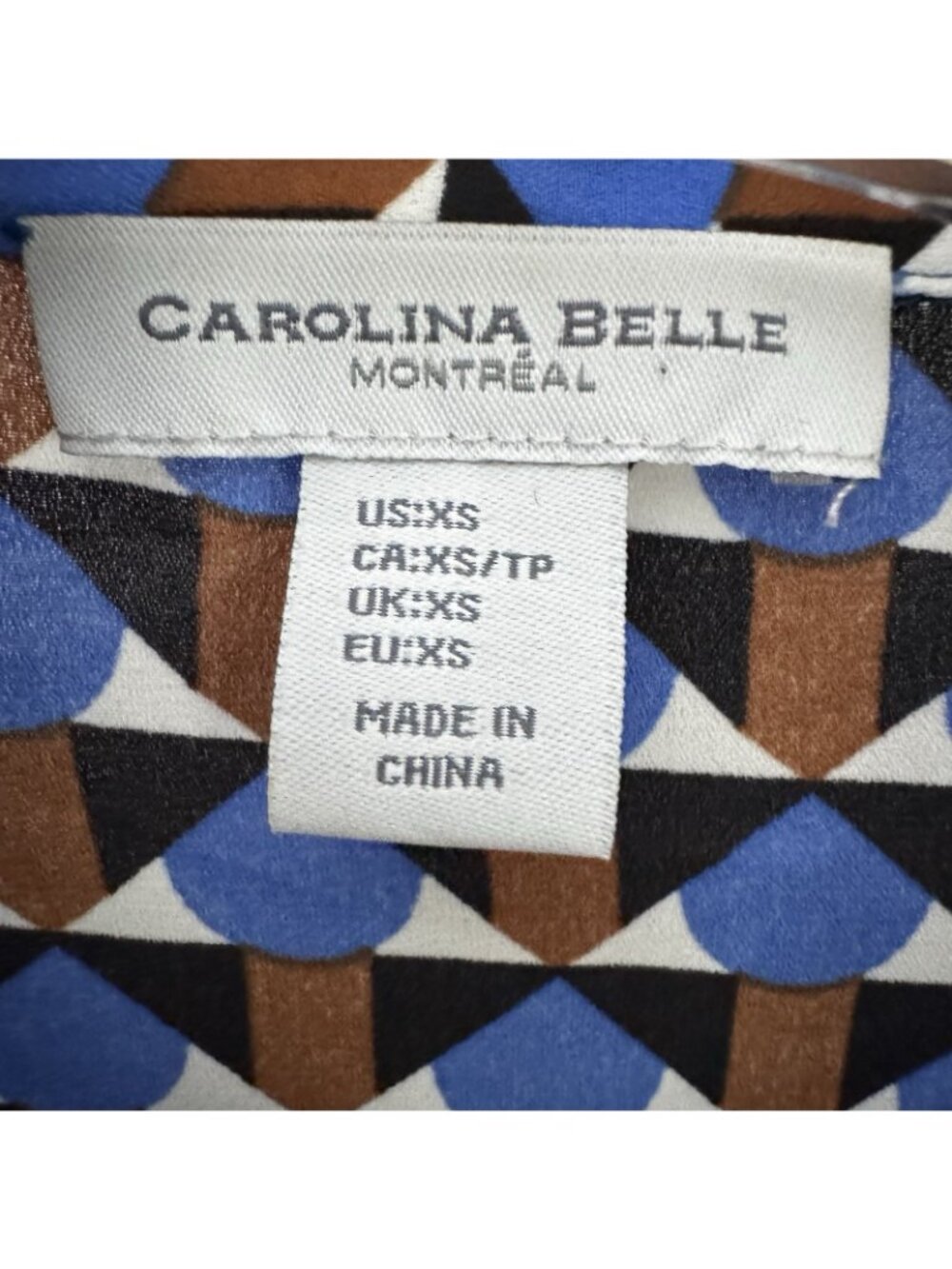 Carolina Belle Montreal XS Blue Brown Geometric Short Sleeve Button Up Blouse - Picture 4 of 8